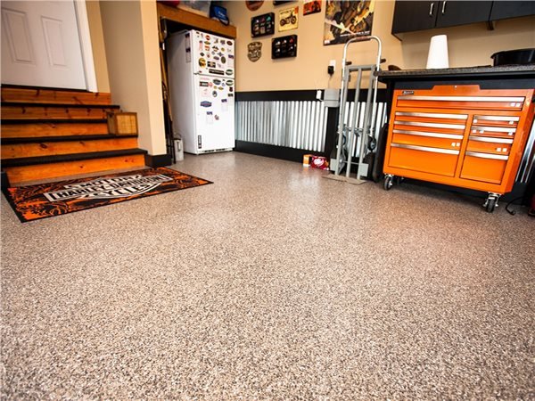 Epoxy garage floor coating with decorative flakes